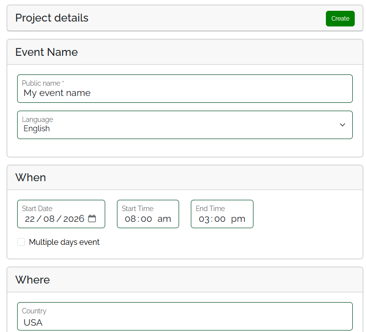 New project creation form